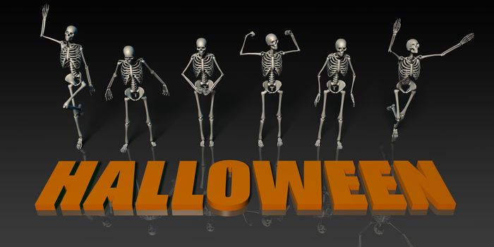 Halloween Postcard with Skeleton Group Crowd Moving as Concept