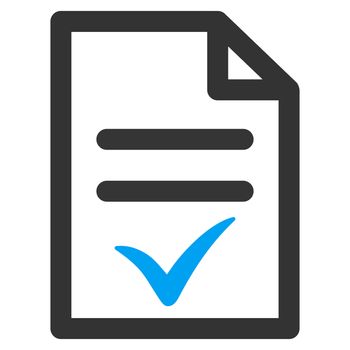 Valid Document raster icon. Style is bicolor flat symbol, blue and gray colors, rounded angles, white background.