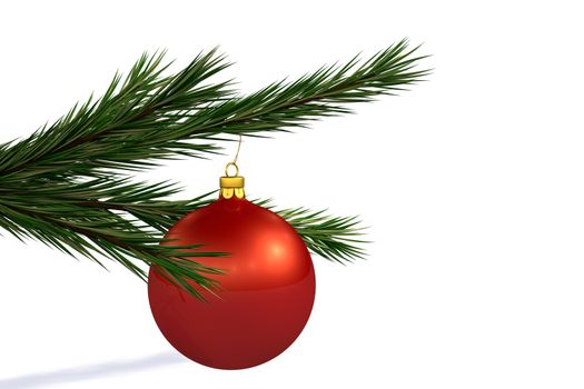 Red Christmas decoration ball on Christmas tree branch isolated on white