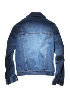 isolated back side of blue jeans jacket on white back ground