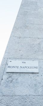 Milan, Italy. Via Monte Napoleone sign, street in Milan center for fashion and luxury.