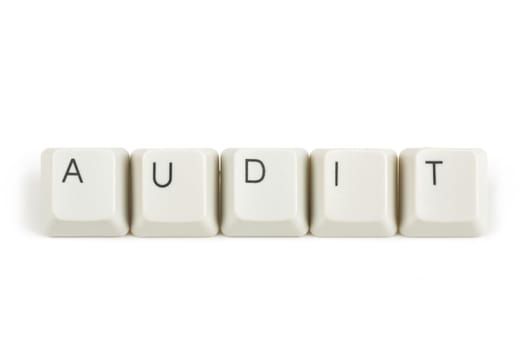 audit text from scattered keyboard keys isolated on white background
