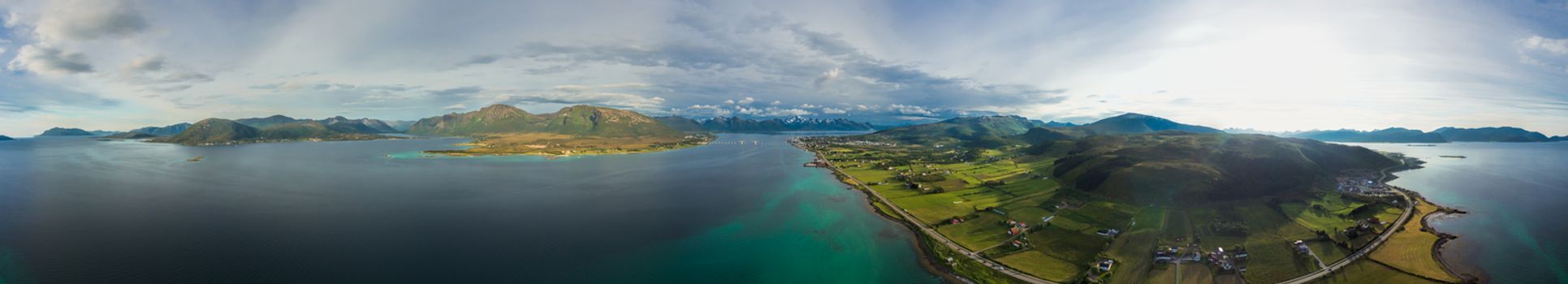 Scenic aerial panorama of Sortland area on Vesteralen islands in Norway