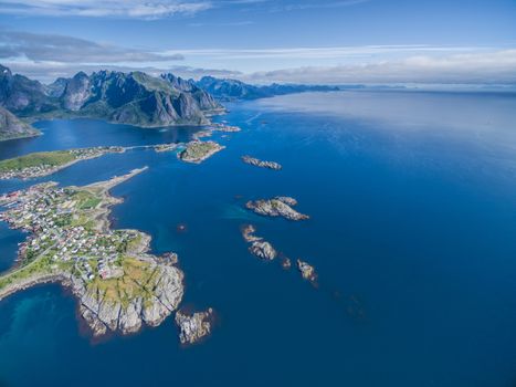 Aerial view of rocky coastline of Lofoten islands in Norway