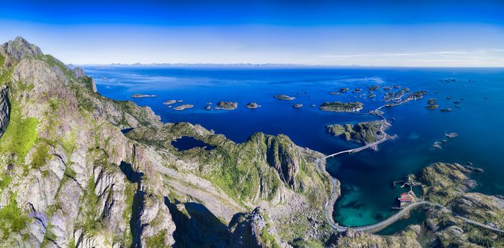 Henningsvaer on Lofoten islands, popular tourist destination in Norway, aerial panorama