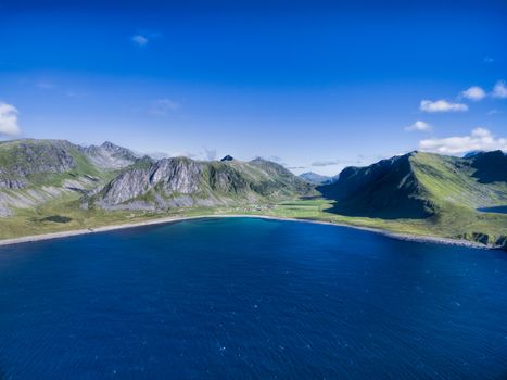 Scenic aerial view of Lofoten islands in Norway, village Unstad