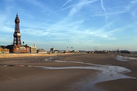 Blackpool Tower - The beach at low tide at Blackpool on the northwest coast of England.