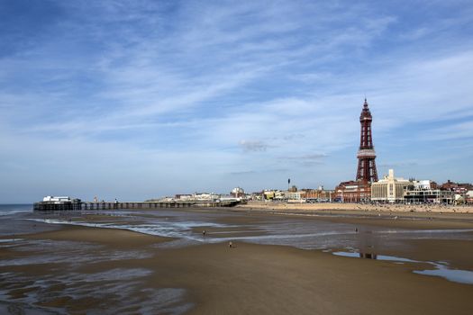 The old North Pier and Blackpool Tower in the seaside resort of Blackpool on the northwest coast of England.