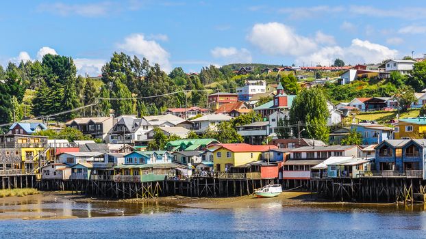 Houses standing on small columns, Chiloe Island, Patagonia, Chile