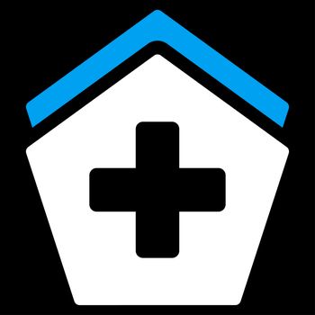 Clinic Building raster icon. Style is bicolor flat symbol, blue and white colors, rounded angles, black background.