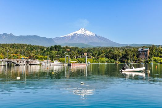 Far view of Villarrica Volcano with reflection, Pucon, Chile