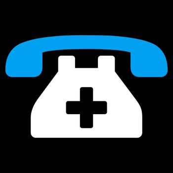 Clinic Phone raster icon. Style is bicolor flat symbol, blue and white colors, rounded angles, black background.