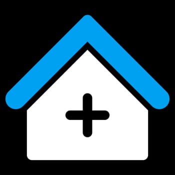 Clinic raster icon. Style is bicolor flat symbol, blue and white colors, rounded angles, black background.