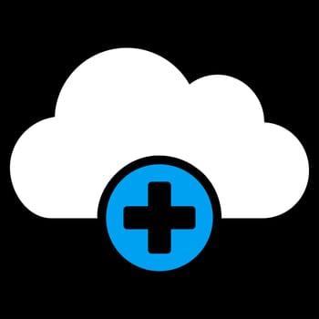 Cloud Medicine raster icon. Style is bicolor flat symbol, blue and white colors, rounded angles, black background.