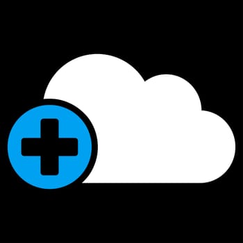 Create Cloud raster icon. Style is bicolor flat symbol, blue and white colors, rounded angles, black background.