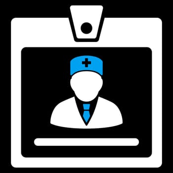Doctor Badge raster icon. Style is bicolor flat symbol, blue and white colors, rounded angles, black background.