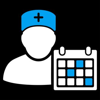 Doctor Calendar raster icon. Style is bicolor flat symbol, blue and white colors, rounded angles, black background.