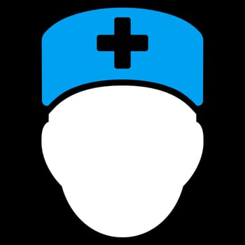 Doctor Head raster icon. Style is bicolor flat symbol, blue and white colors, rounded angles, black background.