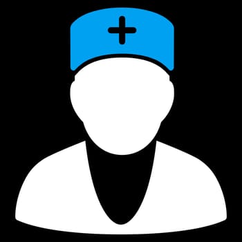 Doctor raster icon. Style is bicolor flat symbol, blue and white colors, rounded angles, black background.
