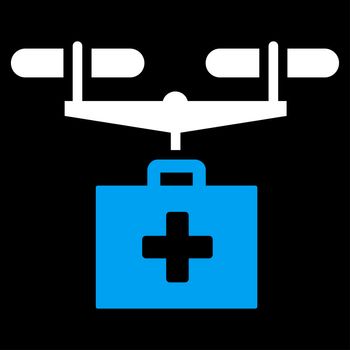 Drug Drone Delivery raster icon. Style is bicolor flat symbol, blue and white colors, rounded angles, black background.