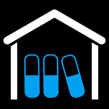 Drugs Garage raster icon. Style is bicolor flat symbol, blue and white colors, rounded angles, black background.