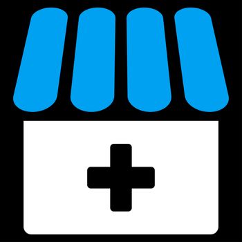 Drugstore raster icon. Style is bicolor flat symbol, blue and white colors, rounded angles, black background.