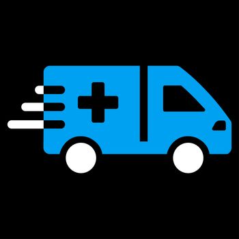 Emergency Car raster icon. Style is bicolor flat symbol, blue and white colors, rounded angles, black background.