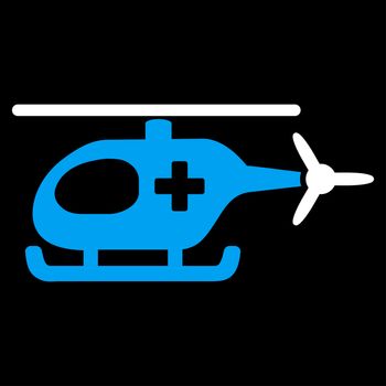 Emergency Helicopter raster icon. Style is bicolor flat symbol, blue and white colors, rounded angles, black background.