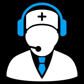 Emergency Operator raster icon. Style is bicolor flat symbol, blue and white colors, rounded angles, black background.