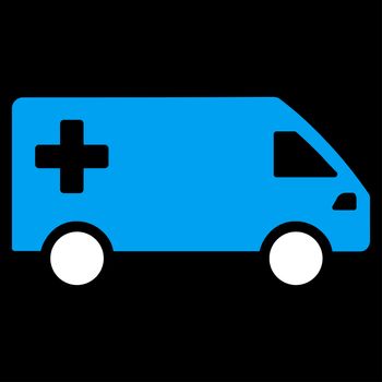 Emergency Van raster icon. Style is bicolor flat symbol, blue and white colors, rounded angles, black background.