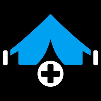 Field Hospital raster icon. Style is bicolor flat symbol, blue and white colors, rounded angles, black background.