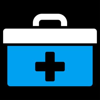 First Aid Toolbox raster icon. Style is bicolor flat symbol, blue and white colors, rounded angles, black background.