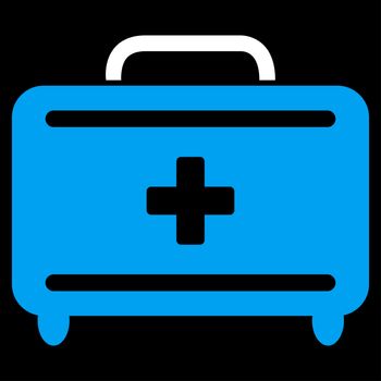 First Aid Toolkit raster icon. Style is bicolor flat symbol, blue and white colors, rounded angles, black background.