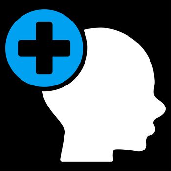 Head Treatment raster icon. Style is bicolor flat symbol, blue and white colors, rounded angles, black background.