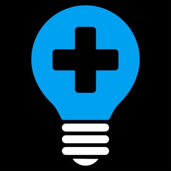 Healh Care Bulb raster icon. Style is bicolor flat symbol, blue and white colors, rounded angles, black background.