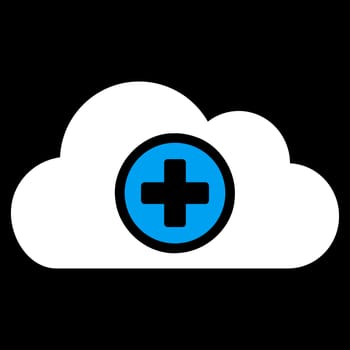 Health Care Cloud raster icon. Style is bicolor flat symbol, blue and white colors, rounded angles, black background.