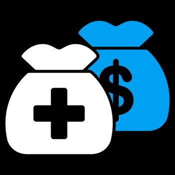 Health Care Funds raster icon. Style is bicolor flat symbol, blue and white colors, rounded angles, black background.