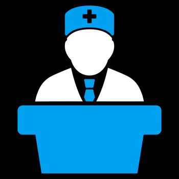 Health Care Official raster icon. Style is bicolor flat symbol, blue and white colors, rounded angles, black background.