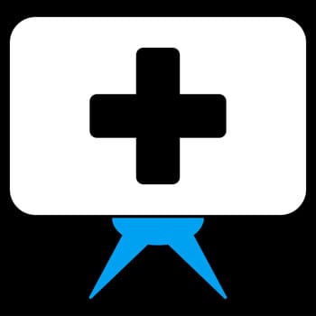 Health Care Presentation raster icon. Style is bicolor flat symbol, blue and white colors, rounded angles, black background.