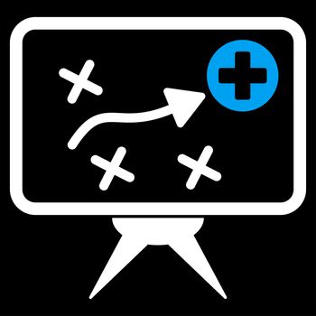 Health Strategy raster icon. Style is bicolor flat symbol, blue and white colors, rounded angles, black background.
