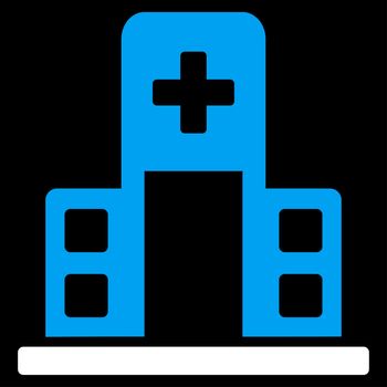Hospital Building raster icon. Style is bicolor flat symbol, blue and white colors, rounded angles, black background.