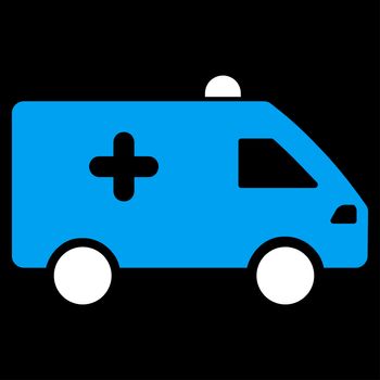 Hospital Car raster icon. Style is bicolor flat symbol, blue and white colors, rounded angles, black background.
