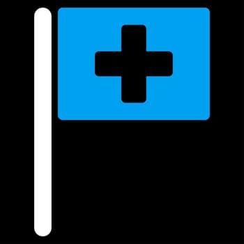 Hospital Flag raster icon. Style is bicolor flat symbol, blue and white colors, rounded angles, black background.