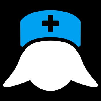 Hospital Nurse Head raster icon. Style is bicolor flat symbol, blue and white colors, rounded angles, black background.