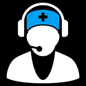 Hospital Receptionist raster icon. Style is bicolor flat symbol, blue and white colors, rounded angles, black background.