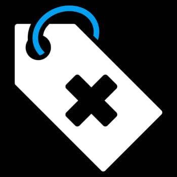 Hospital Tag raster icon. Style is bicolor flat symbol, blue and white colors, rounded angles, black background.