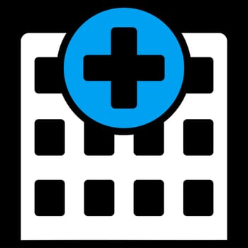 Hospital raster icon. Style is bicolor flat symbol, blue and white colors, rounded angles, black background.