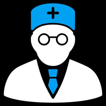 Main Physician raster icon. Style is bicolor flat symbol, blue and white colors, rounded angles, black background.