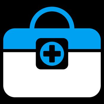Medic Case raster icon. Style is bicolor flat symbol, blue and white colors, rounded angles, black background.