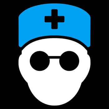 Medic Head raster icon. Style is bicolor flat symbol, blue and white colors, rounded angles, black background.